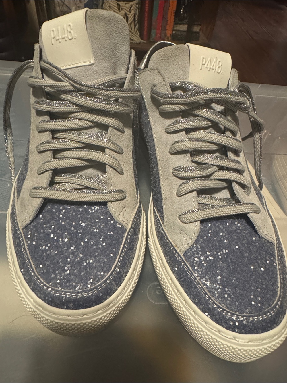 P448 Women's Navy Glitter & Gray Suede Low-Top Sneakers